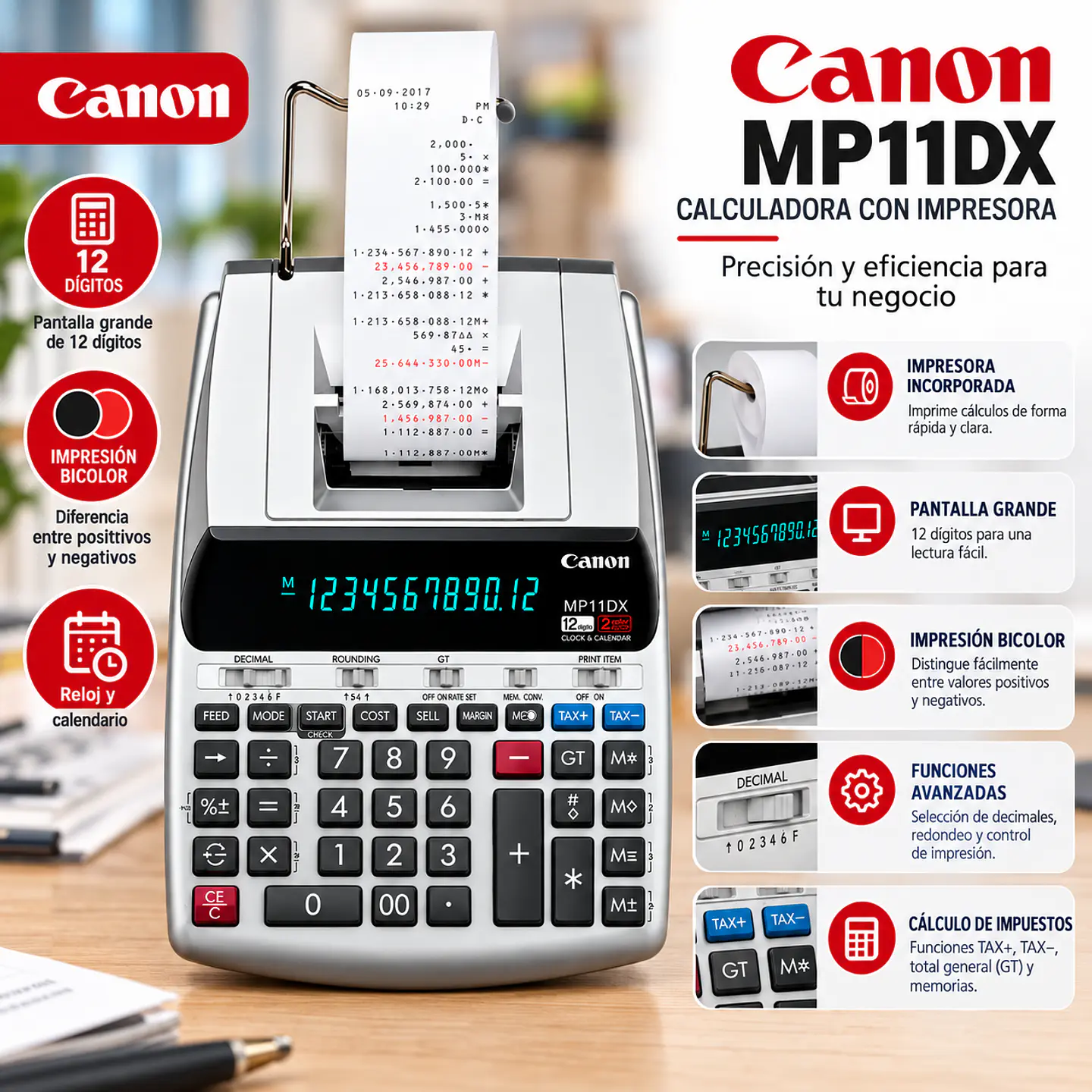 Calculadora Impresora Canon MP11DX-2 de 12 Dígitos con Impresión a Dos Colores 2