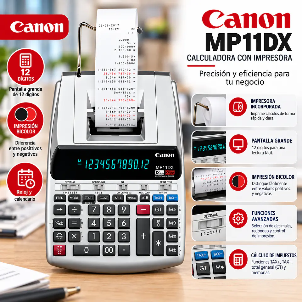 Calculadora Impresora Canon MP11DX-2 de 12 Dígitos con Impresión a Dos Colores 2