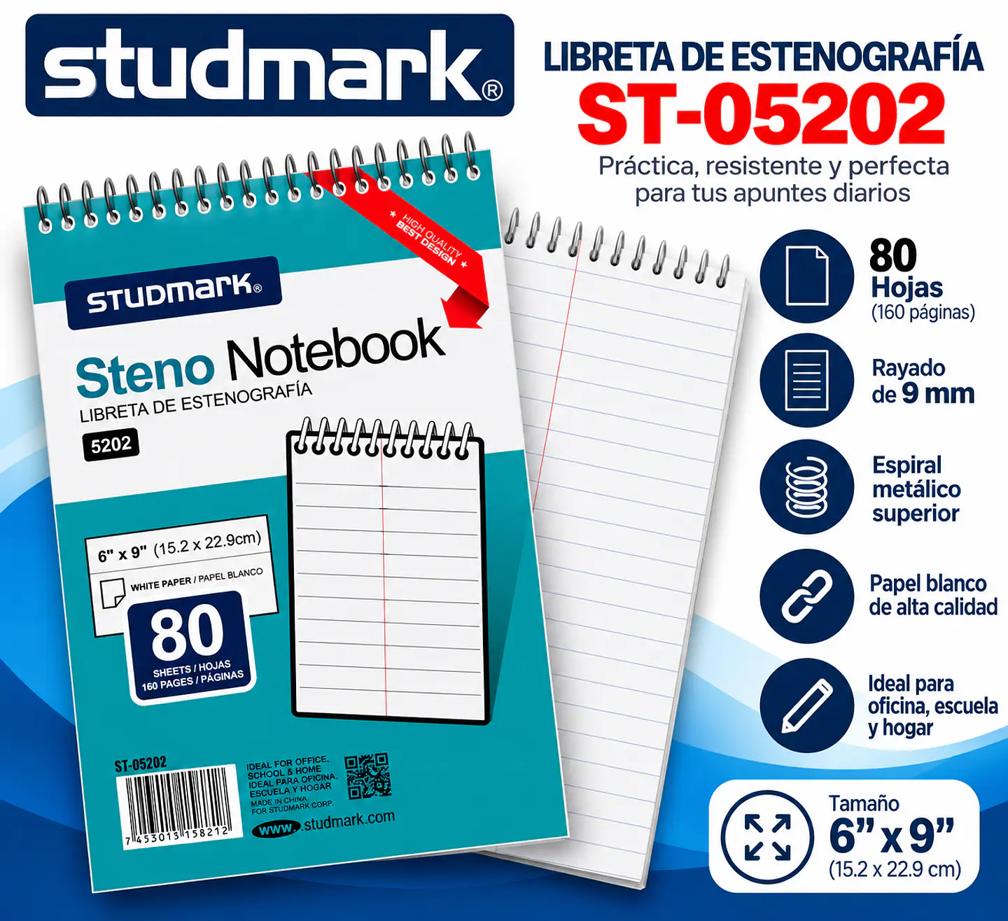 Libreta de Estenografía Studmark ST-05202 6 x 9 Pulgadas, 80 Hojas, Rayada y Espiral Superior 2