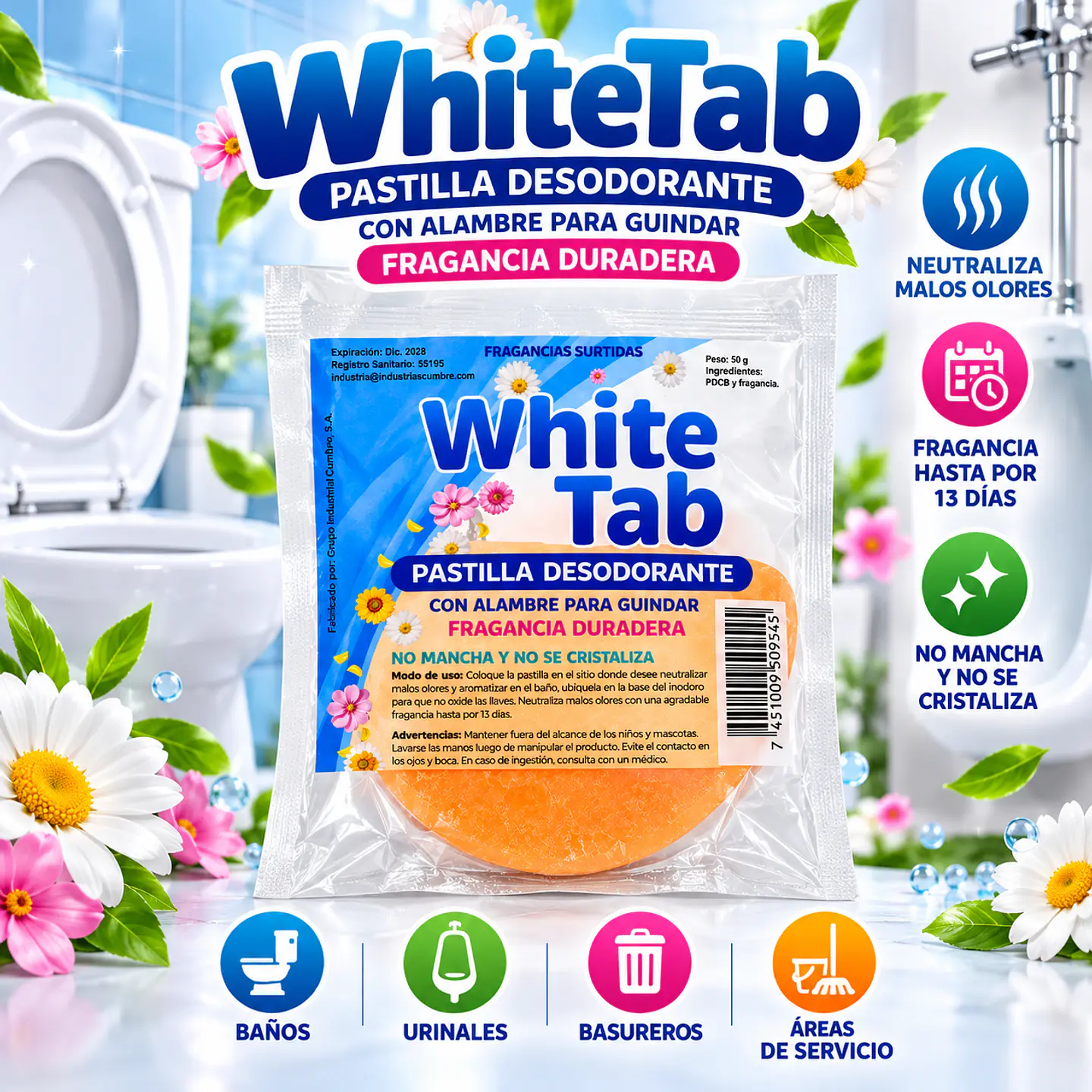 Pastilla de Olor con Gancho 2 oz WhiteTab para Baños y Urinales 2