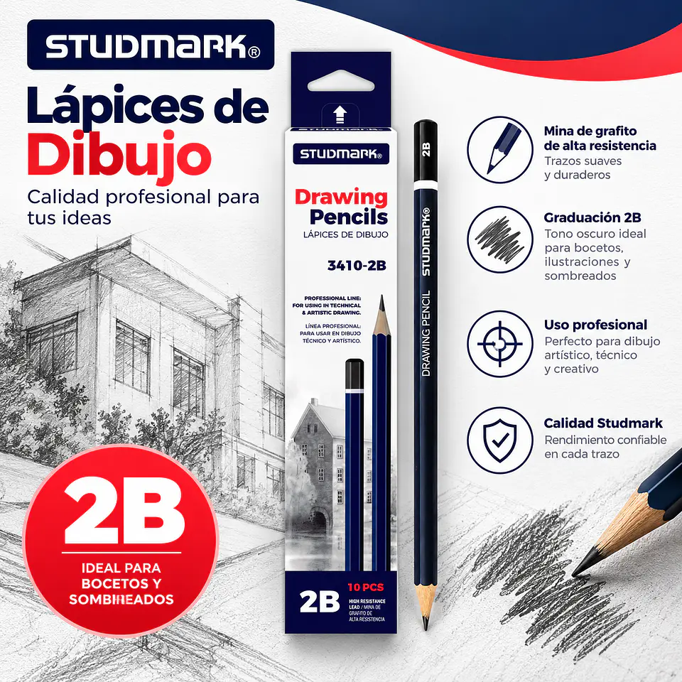 Lápices de Grafito Studmark para Dibujo Artístico y Técnico | Graduaciones H, HB, B, 2B a 8B y F 1