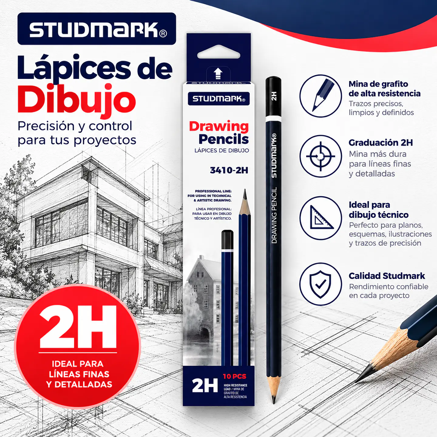 Lápices de Grafito Studmark para Dibujo Artístico y Técnico | Graduaciones H, HB, B, 2B a 8B y F 2