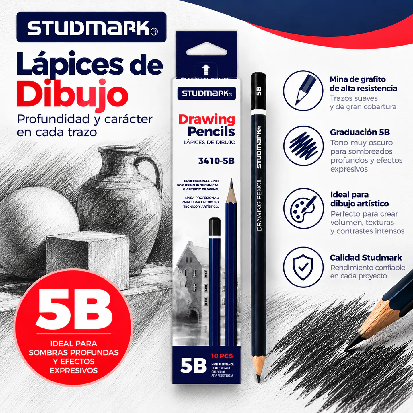 Lápices de Grafito Studmark para Dibujo Artístico y Técnico | Graduaciones H, HB, B, 2B a 8B y F 5