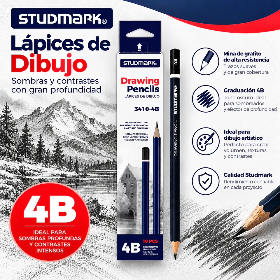Lápices de Grafito Studmark para Dibujo Artístico y Técnico | Graduaciones H, HB, B, 2B a 8B y F 4