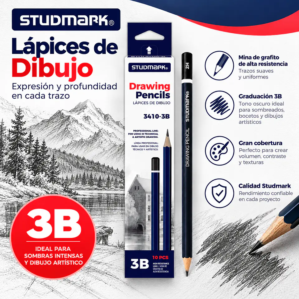 Lápices de Grafito Studmark para Dibujo Artístico y Técnico | Graduaciones H, HB, B, 2B a 8B y F 3