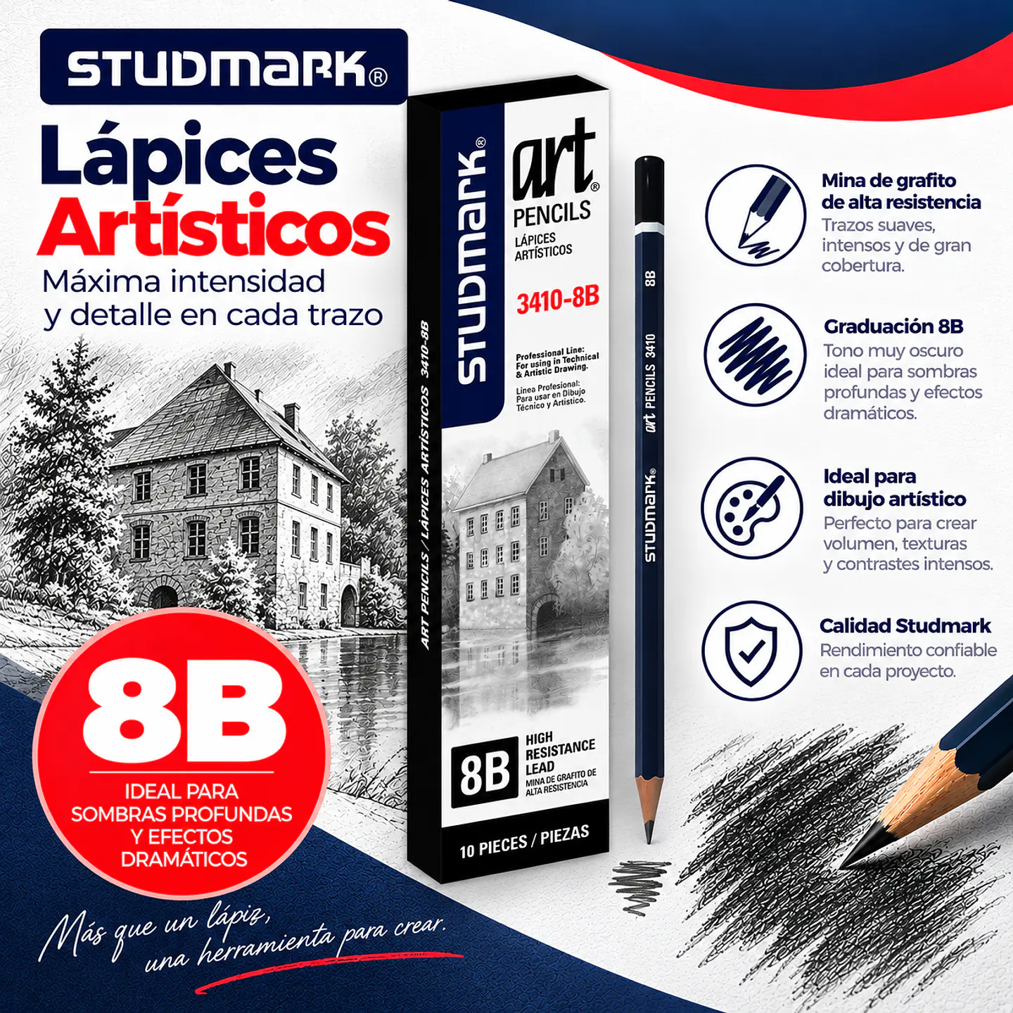 Lápices de Grafito Studmark para Dibujo Artístico y Técnico | Graduaciones H, HB, B, 2B a 8B y F 8