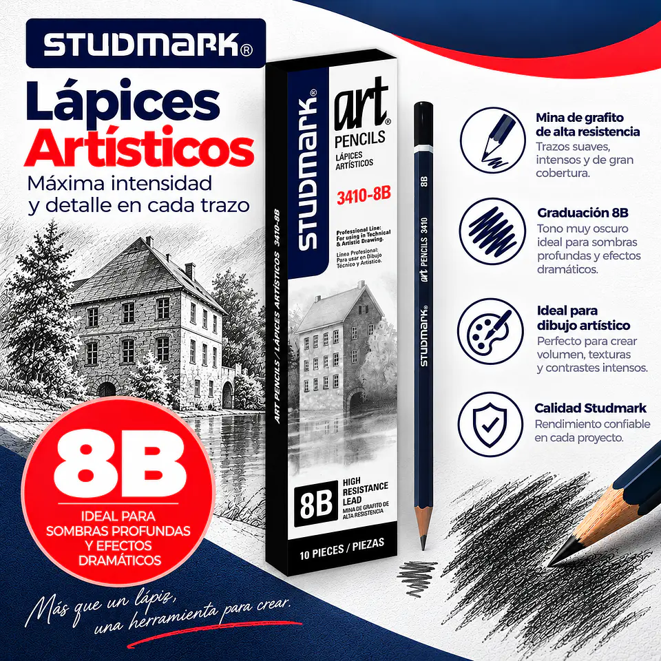 Lápices de Grafito Studmark para Dibujo Artístico y Técnico | Graduaciones H, HB, B, 2B a 8B y F 8