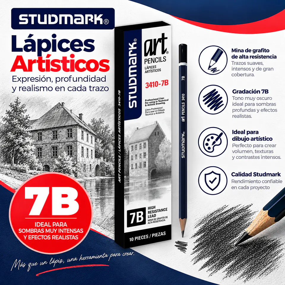 Lápices de Grafito Studmark para Dibujo Artístico y Técnico | Graduaciones H, HB, B, 2B a 8B y F 7