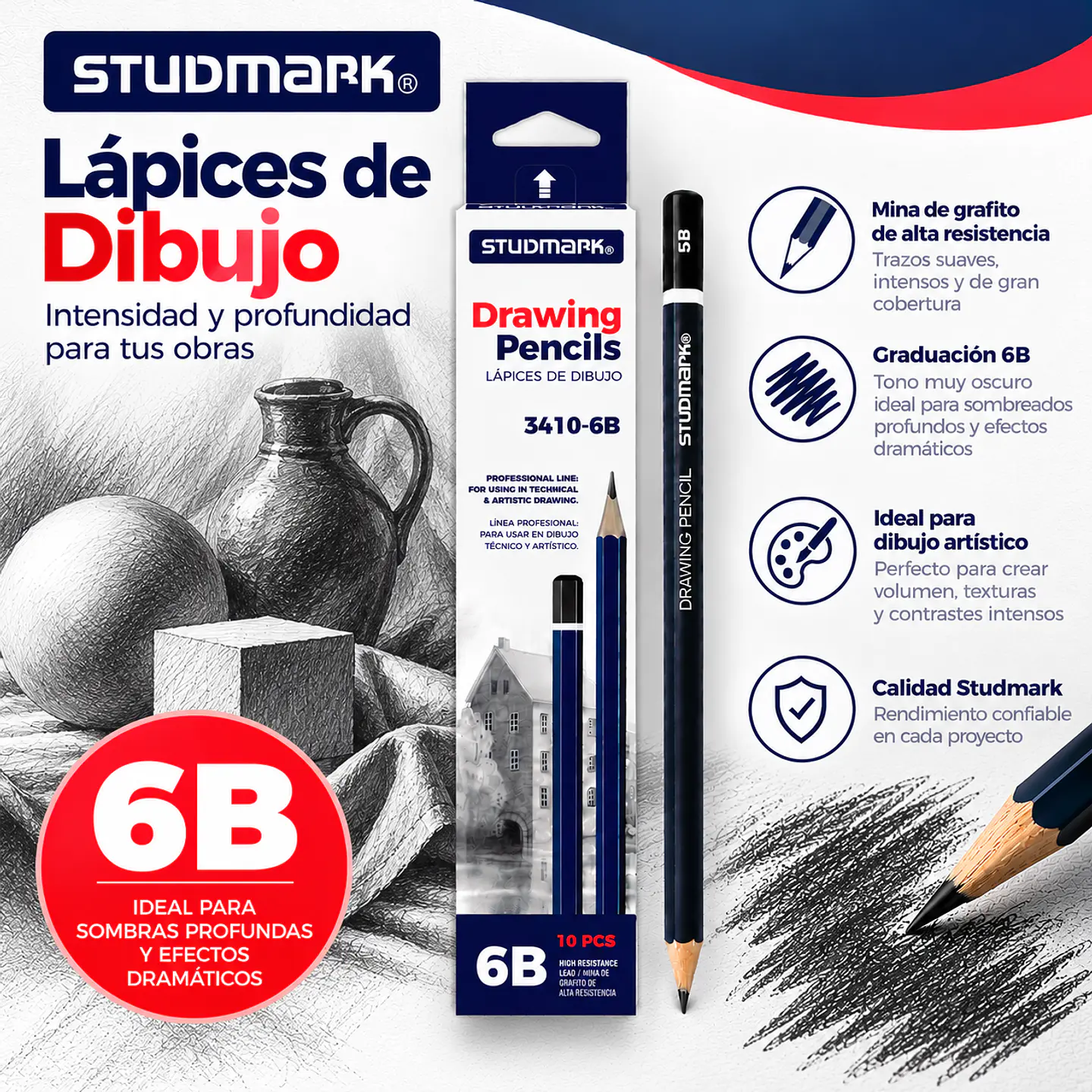 Lápices de Grafito Studmark para Dibujo Artístico y Técnico | Graduaciones H, HB, B, 2B a 8B y F 6