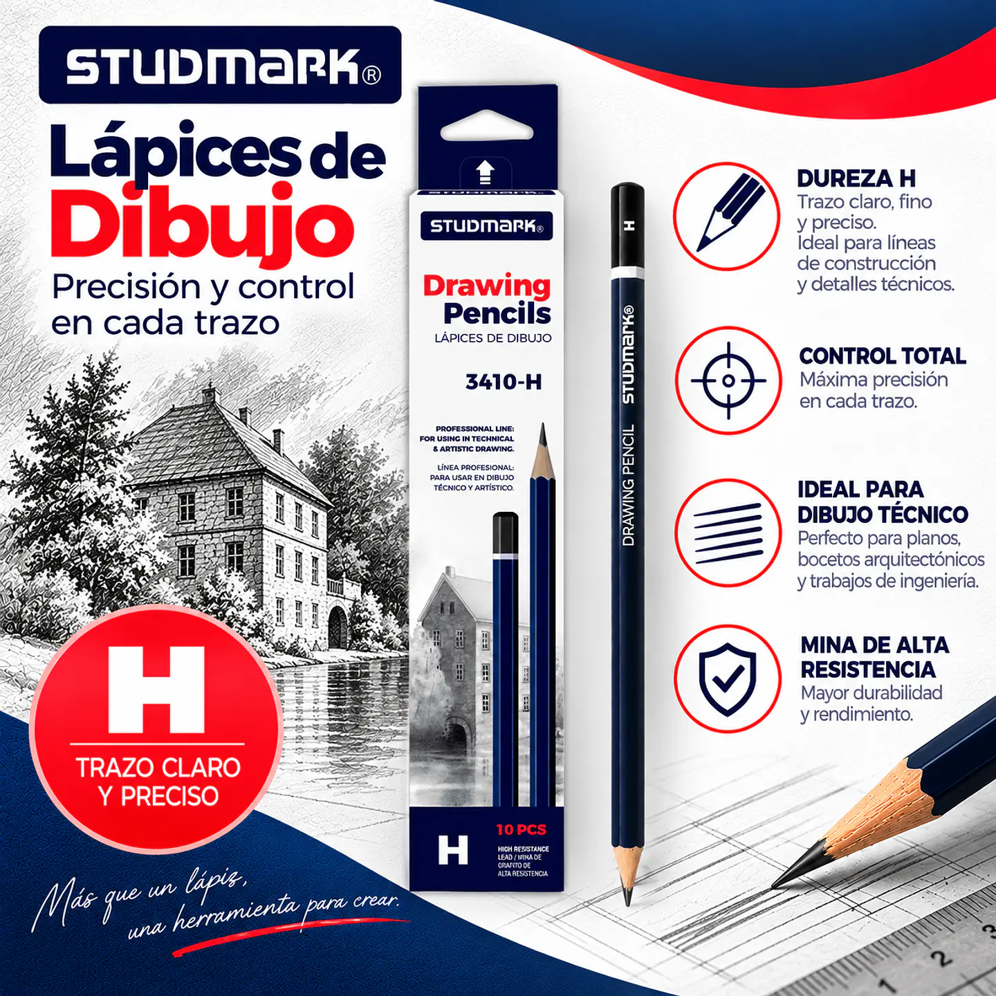 Lápices de Grafito Studmark para Dibujo Artístico y Técnico | Graduaciones H, HB, B, 2B a 8B y F 12
