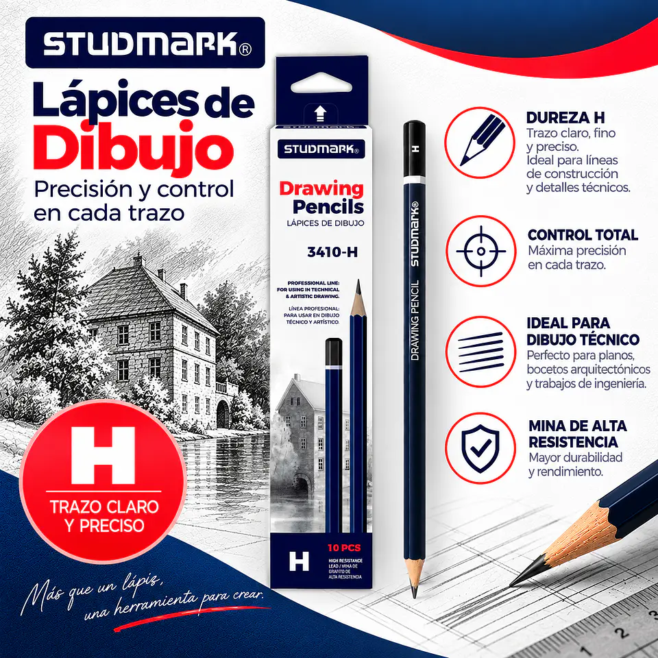 Lápices de Grafito Studmark para Dibujo Artístico y Técnico | Graduaciones H, HB, B, 2B a 8B y F 12