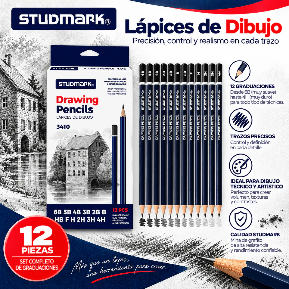 Lápices de Grafito Studmark para Dibujo Artístico y Técnico | Graduaciones H, HB, B, 2B a 8B y F 11