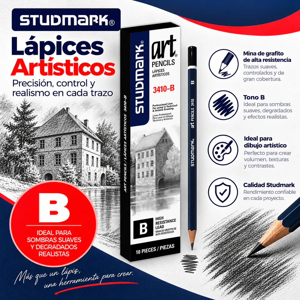 Lápices de Grafito Studmark para Dibujo Artístico y Técnico | Graduaciones H, HB, B, 2B a 8B y F 9