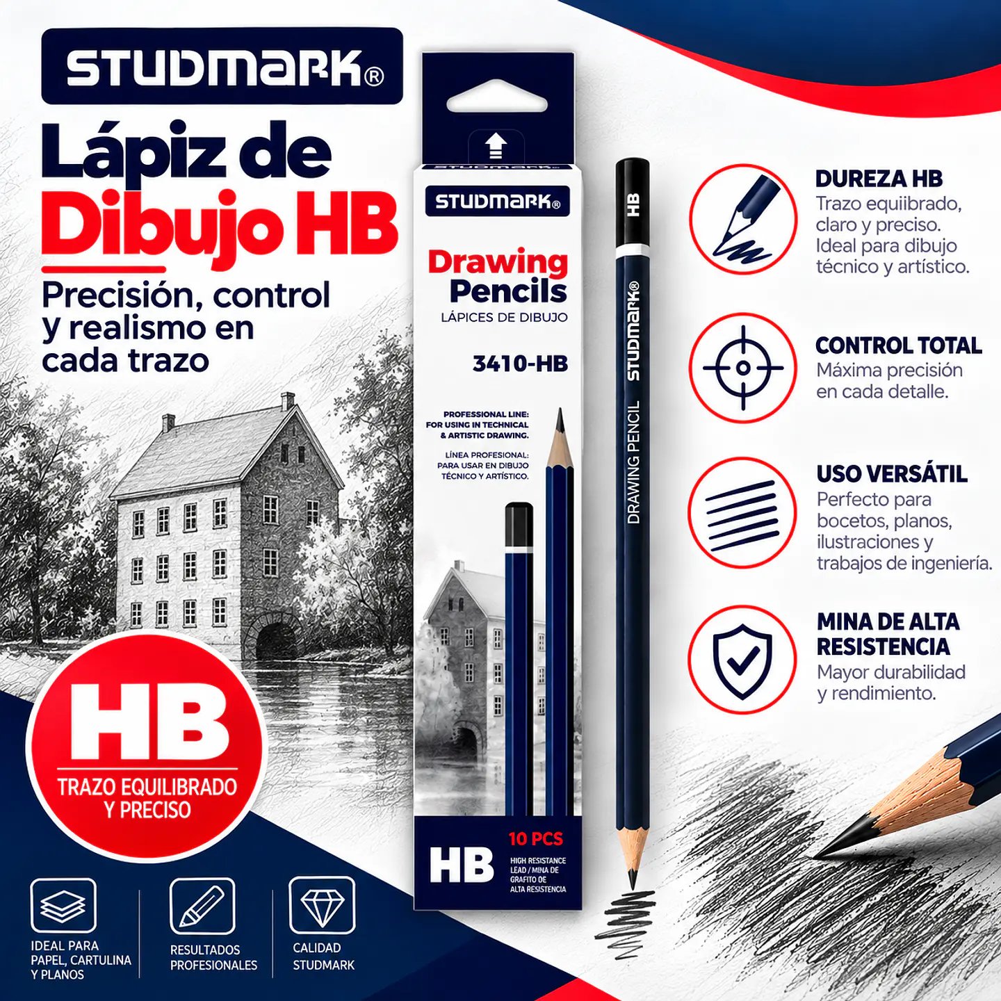 Lápices de Grafito Studmark para Dibujo Artístico y Técnico | Graduaciones H, HB, B, 2B a 8B y F 13