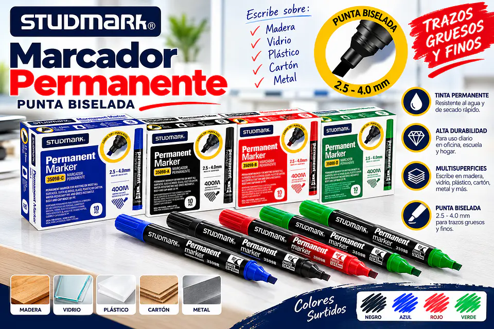 Marcador Permanente Studmark Punta Biselada Colores Surtidos 5