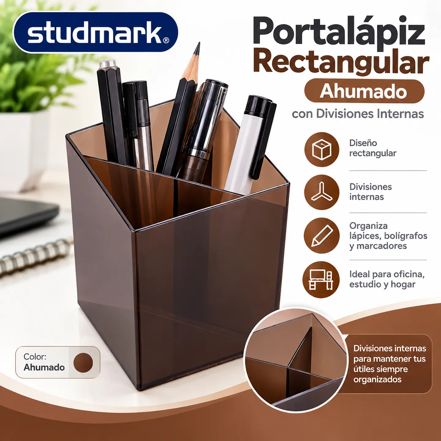 Portalápiz Studmark Rectangular Ahumado con Divisiones para Escritorio ST-02051 2