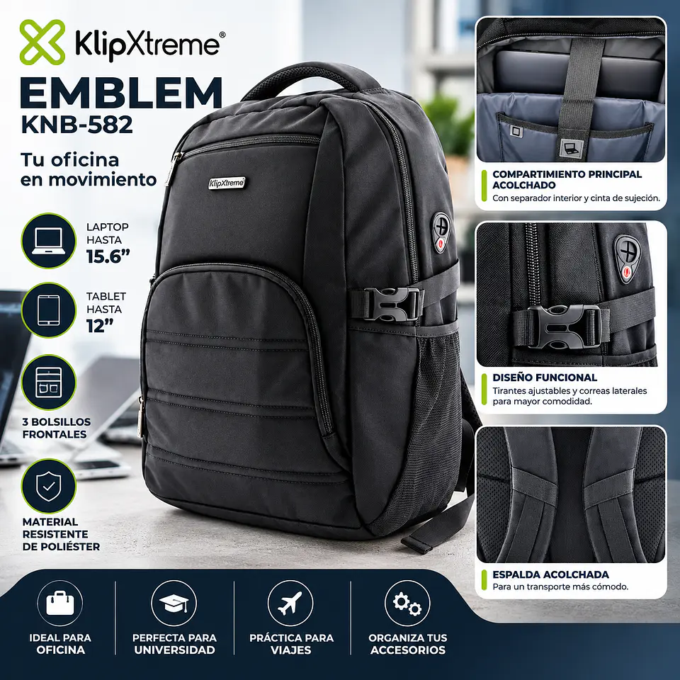 Mochila para Laptop KlipXtreme Emblem KNB-582 de 15.6 Pulgadas Negra con 3 Bolsillos 5