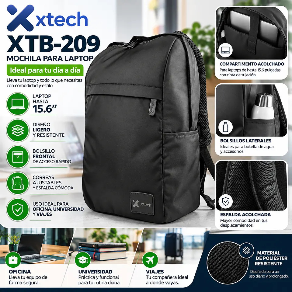 Mochila para Laptop Xtech XTB-209 de 15.6 Pulgadas para Oficina, Universidad y Uso Diario 3