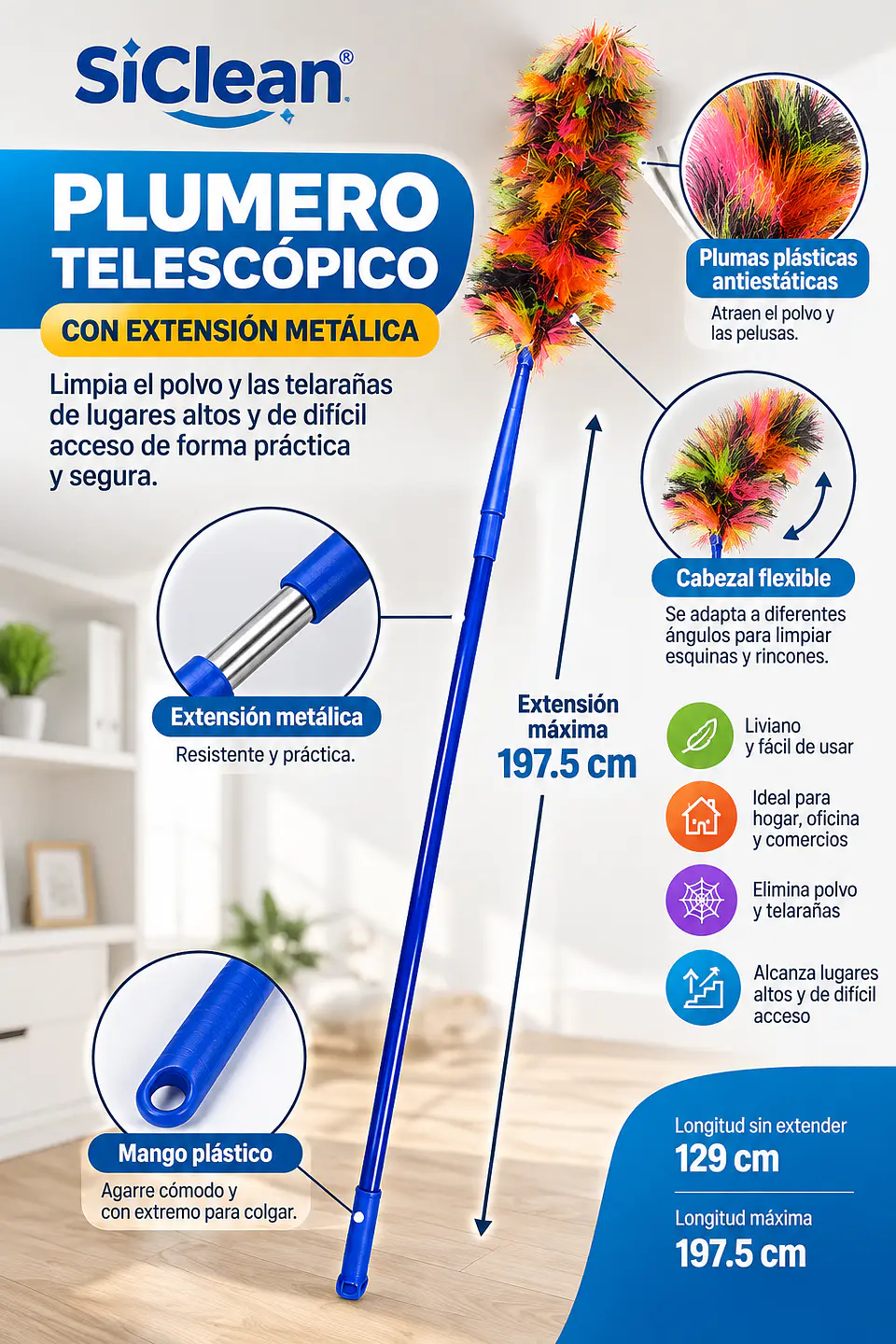 Plumero Telescópico SiClean Extensible 197.5 cm Antiestático para Polvo y Telarañas 2