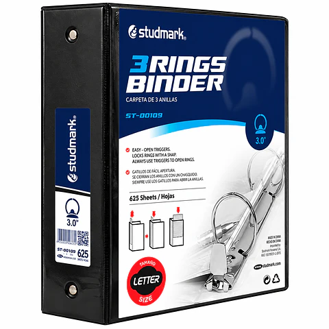 Portafolios Studmark de 3 Pulgadas con 3 Anillos para 625 Hojas Tamaño Carta