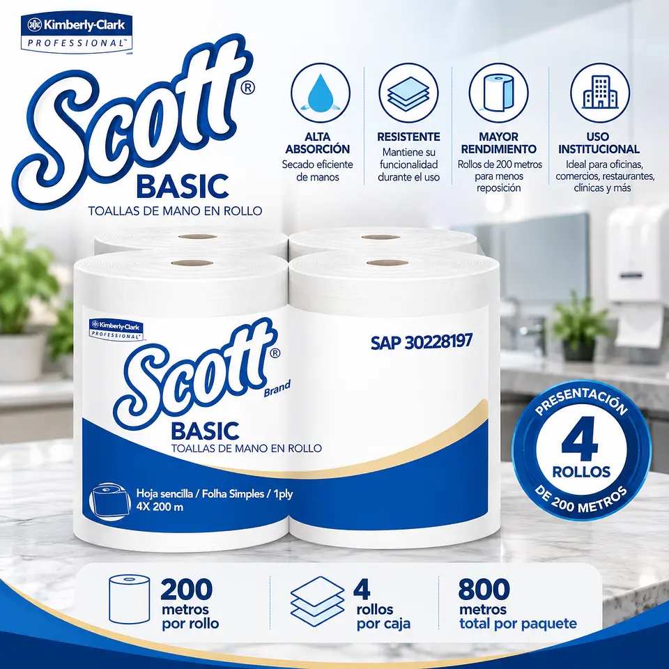 Papel Toalla de Manos Scott Basic Airflex Blanco 200 Metros x 4 Rollos – Kimberly-Clark 2