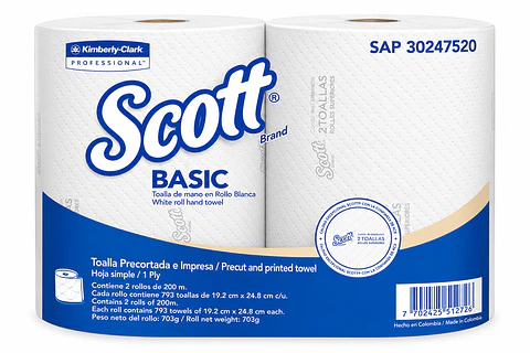 Papel Toalla de Manos Scott Basic Precortado Blanco 200 Metros x 2 Rollos – Kimberly-Clark