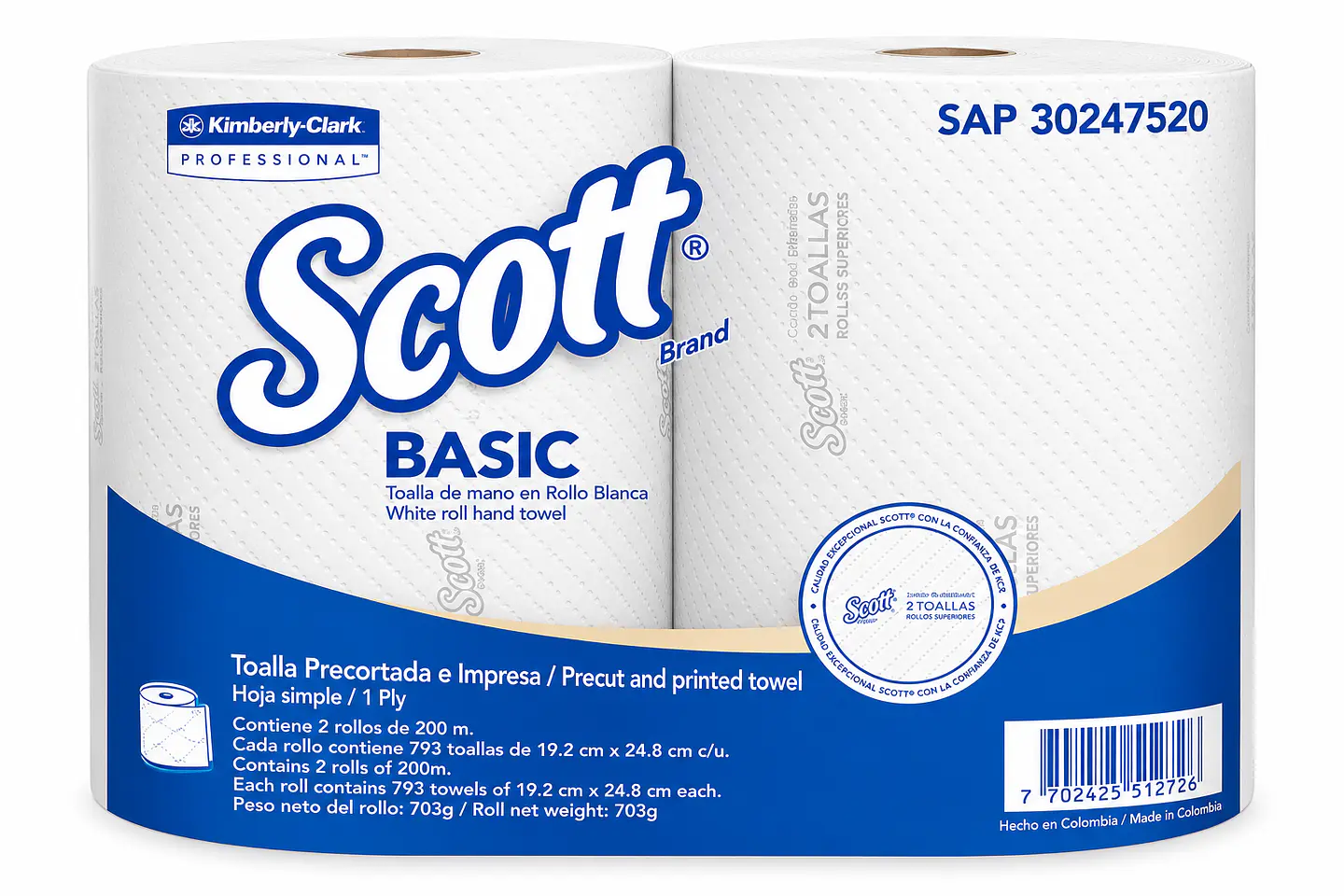 Papel Toalla de Manos Scott Basic Precortado Blanco 200 Metros x 2 Rollos – Kimberly-Clark 1