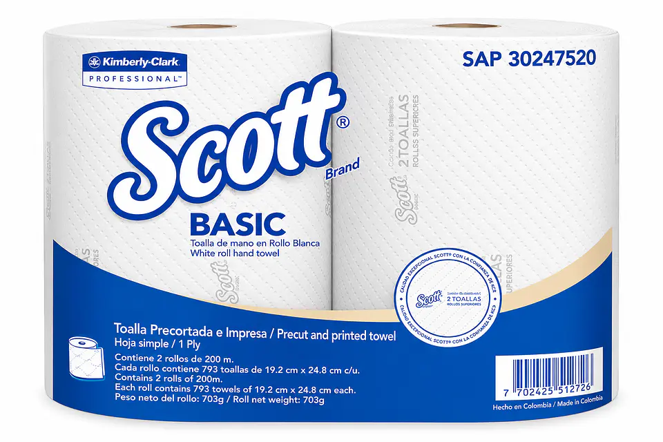 Papel Toalla de Manos Scott Basic Precortado Blanco 200 Metros x 2 Rollos – Kimberly-Clark 1