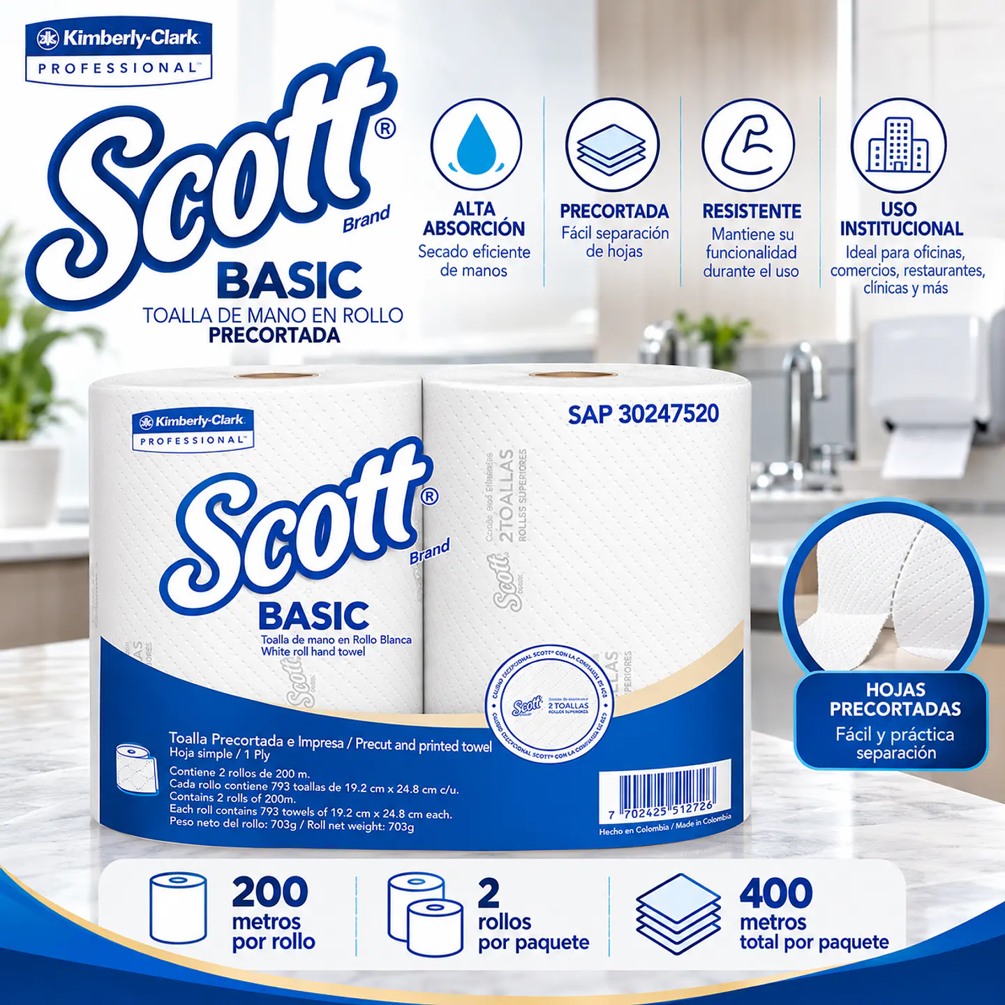 Papel Toalla de Manos Scott Basic Precortado Blanco 200 Metros x 2 Rollos – Kimberly-Clark 2