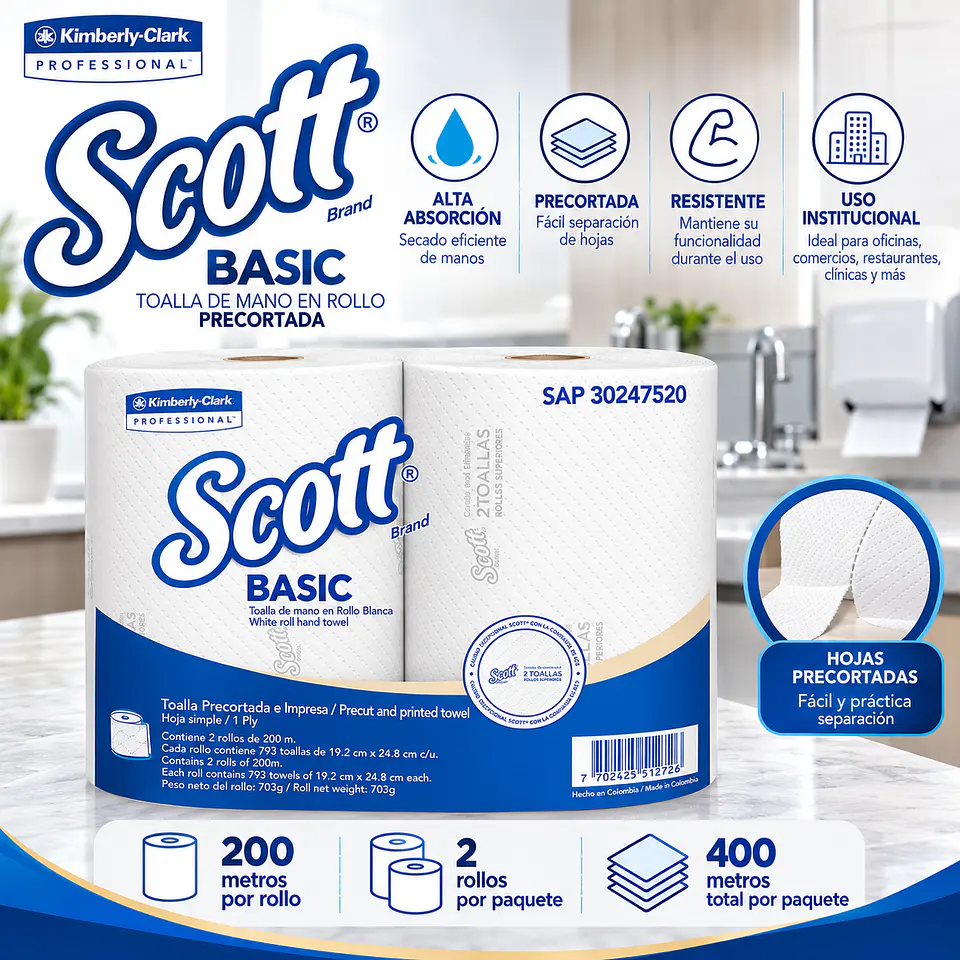 Papel Toalla de Manos Scott Basic Precortado Blanco 200 Metros x 2 Rollos – Kimberly-Clark 2