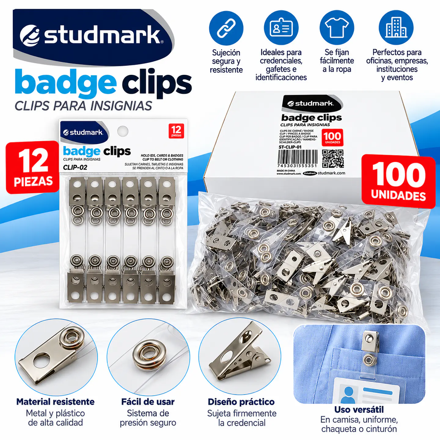 Clips Studmark para Credenciales, Gafetes, Carnés e Insignias – Presentaciones de 12 y 100 Unidades 3