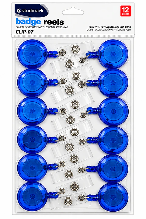 Sujetadores Retráctiles Studmark Azules para Credenciales, Gafetes, Carnés e Insignias con Cordón Extensible de 72 cm – Paquete de 12 Unidades