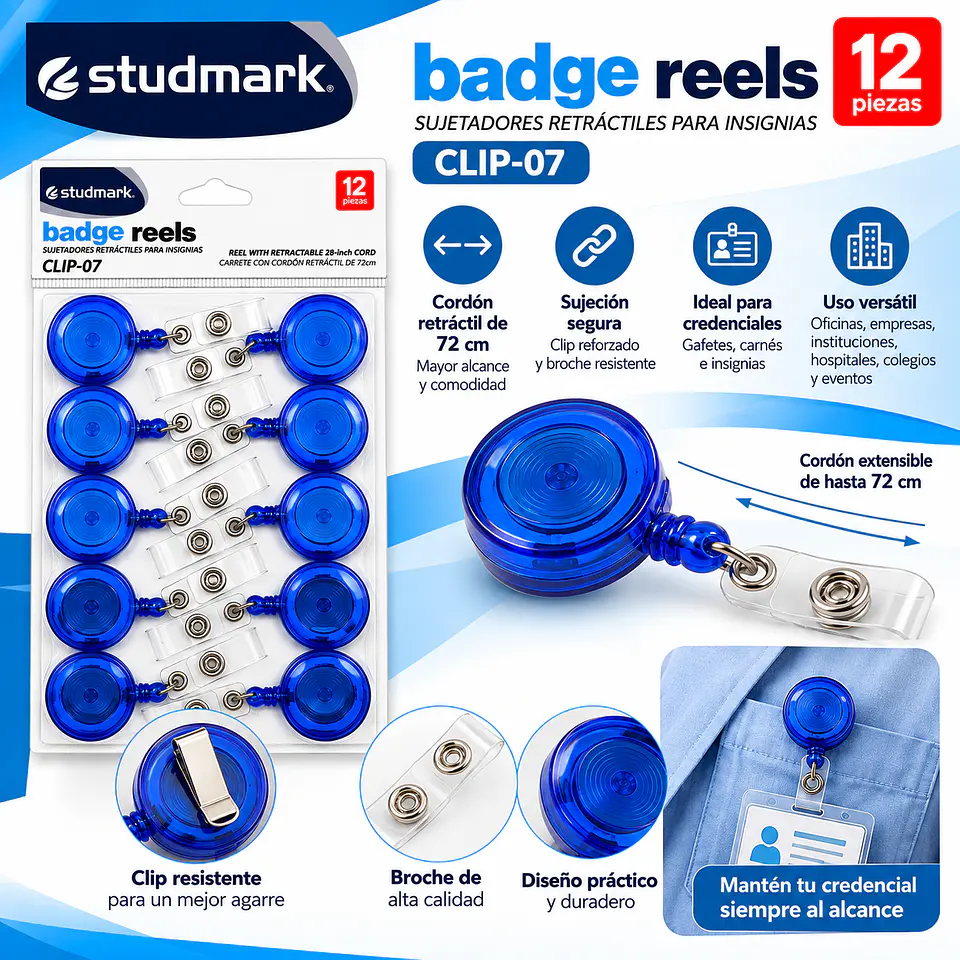 Sujetadores Retráctiles Studmark Azules para Credenciales, Gafetes, Carnés e Insignias con Cordón Extensible de 72 cm – Paquete de 12 Unidades 2