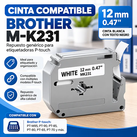 Cinta Compatible Brother M-K231 / M-K231S de 12 mm para Etiquetadoras P-touch – Repuesto Genérico