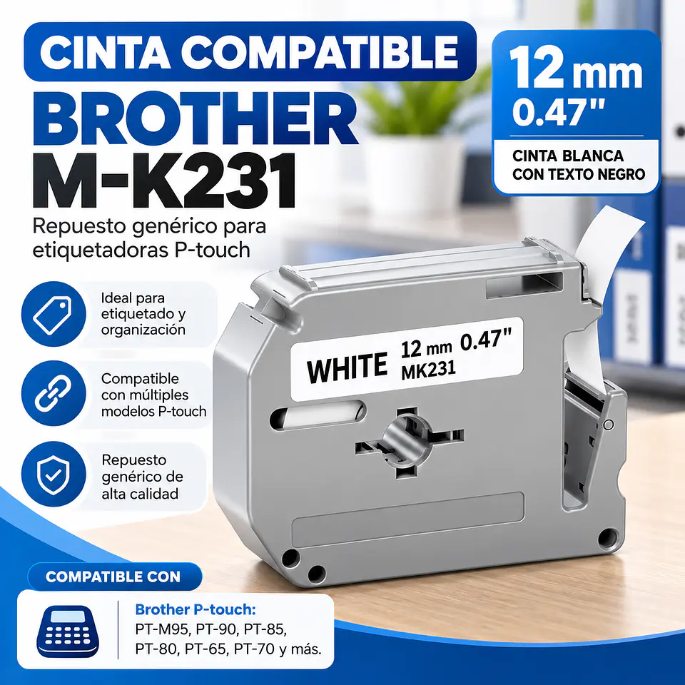 Cinta Compatible Brother M-K231 / M-K231S de 12 mm para Etiquetadoras P-touch – Repuesto Genérico 2