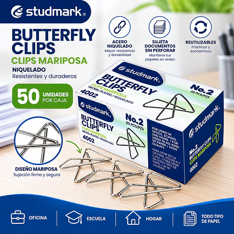Clips Mariposa Studmark No. 2 ST-04002 Caja 50 Unidades Pequeños