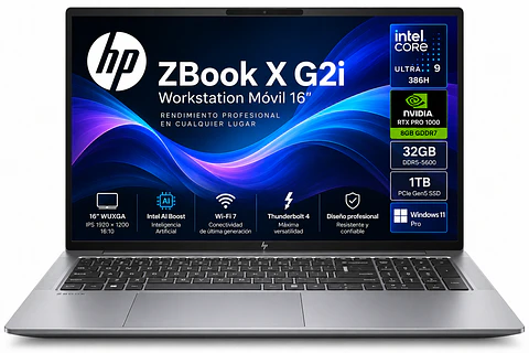 HP ZBook X G2i Workstation Móvil 16" WUXGA IPS, Intel Core Ultra 9 386H, 32GB RAM DDR5-5600, SSD PCIe Gen5 NVMe 1TB, NVIDIA RTX PRO 1000 Blackwell 8GB GDDR7, Wi-Fi 7, Windows 11 Pro – DP5M5LT#ABM