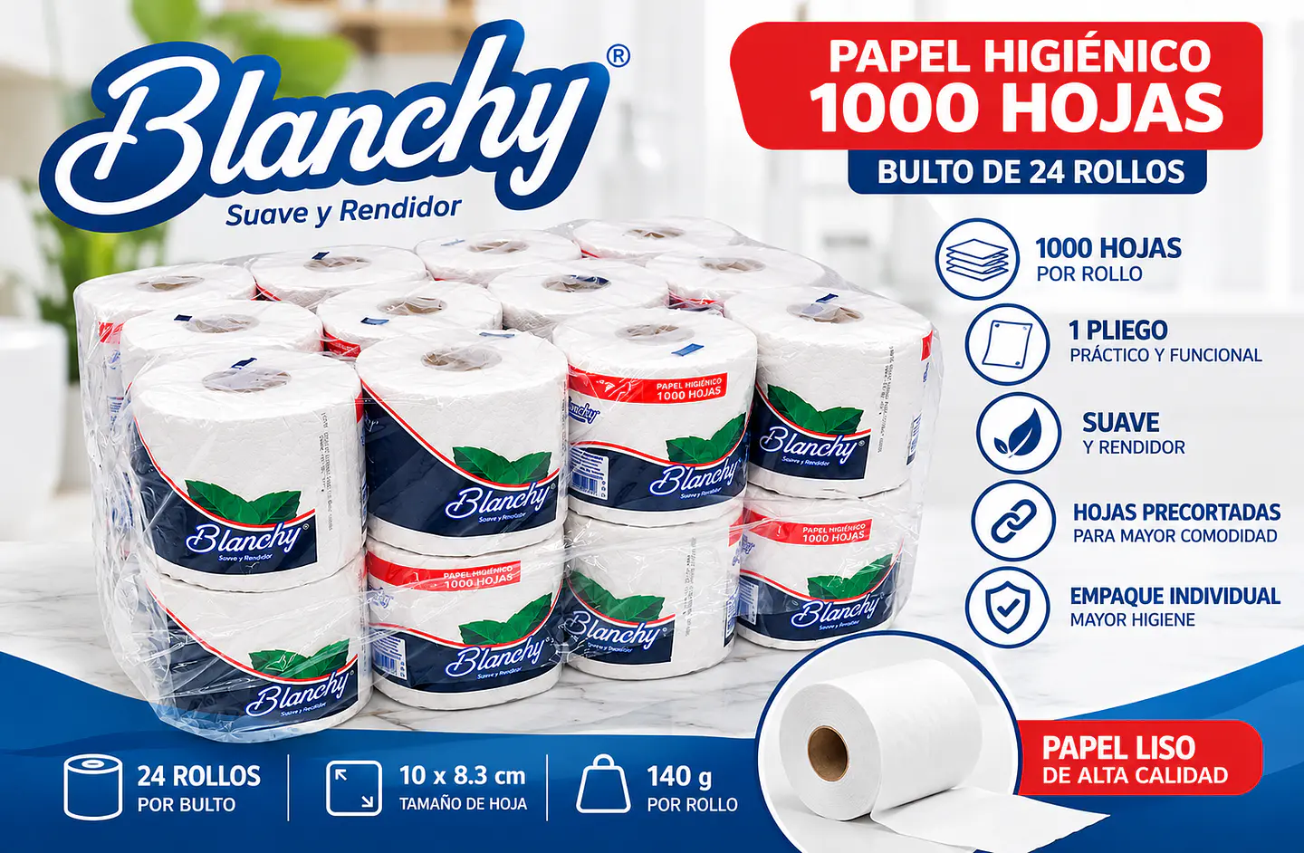 Papel Higiénico Blanchy 1000 Hojas x 24 Rollos de 1 Pliego | Bulto Institucional 3