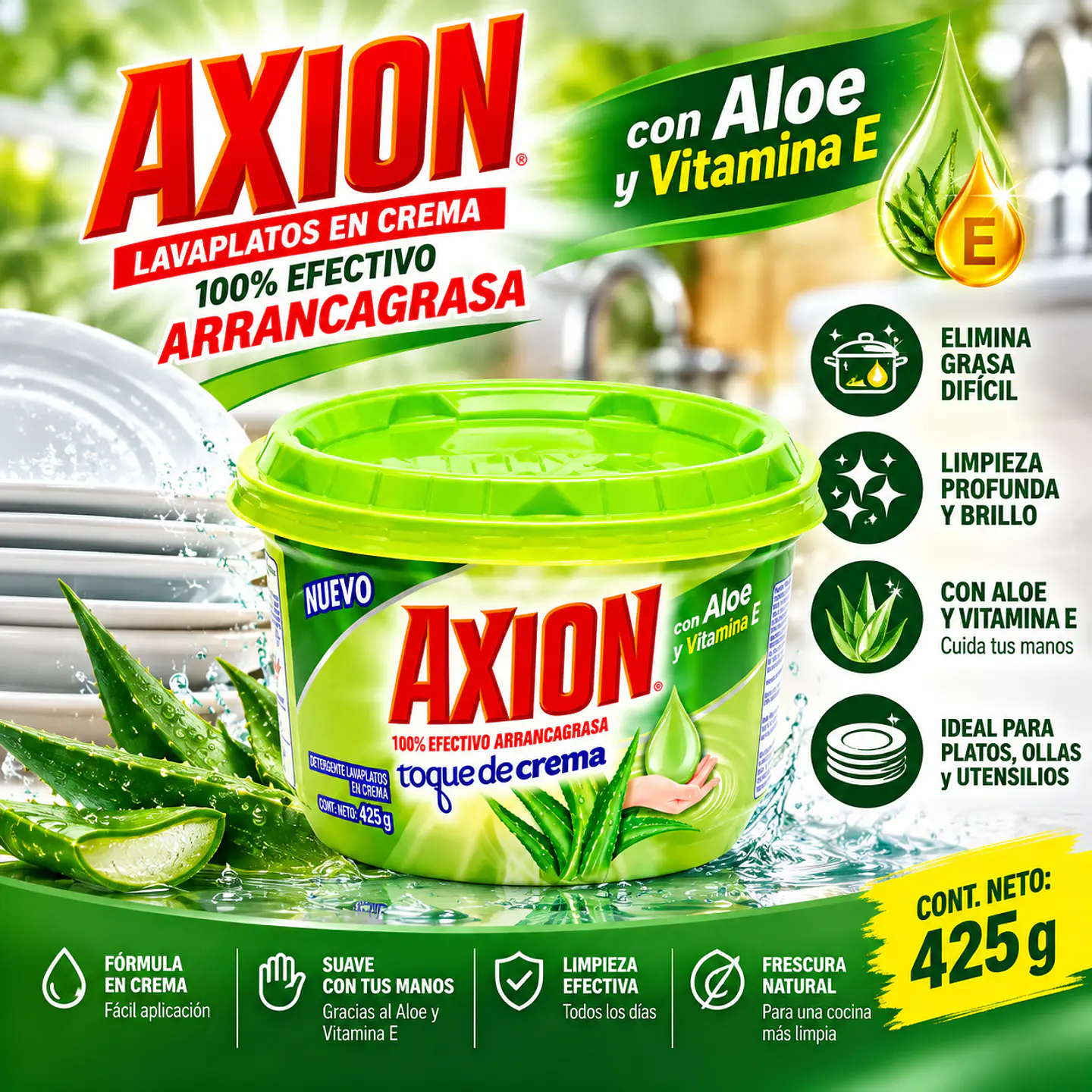 Lavaplatos Axion en Crema Desengrasante para Platos, Ollas y Utensilios de Cocina 2