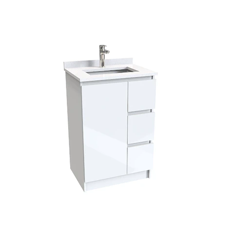Mueble Vanitorio al piso o de 60cm M2-608-A con cubierta de cuarzo / Blanco - Brillante