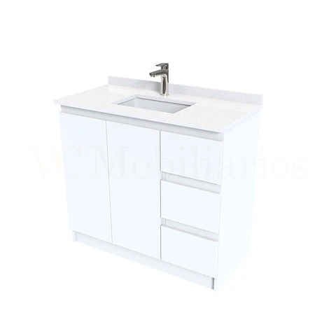 Mueble vanitorio al piso de 90 cm con cubierta de cuarzo M2-938 / Blanco