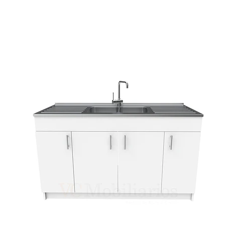 Mueble lavaplatos doble cubierta de acero inox de 150cm / M0D-1500-AI / Blanco