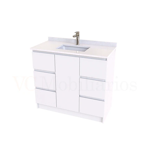 Mueble vanitorio al piso de 90 cm con cubierta de cuarzo M6-938 / Blanco