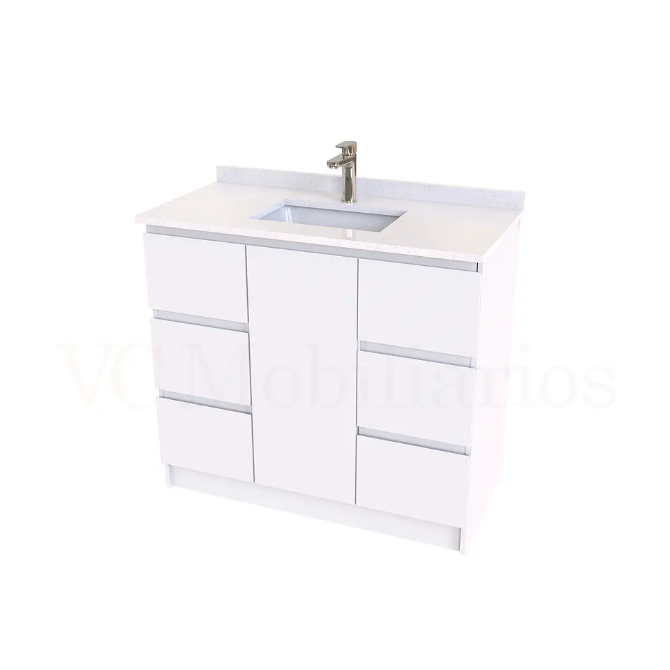 Mueble vanitorio al piso de 90 cm con cubierta de cuarzo M6-938 / Blanco 1