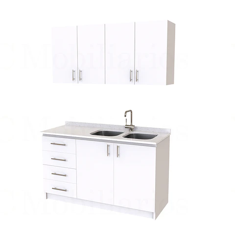 Kit de mueble lavaplatos doble + Mueble Mural de 160 cm / KT1-1534 / cuarzo / blanco