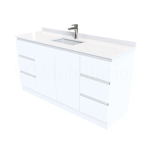 Mueble vanitorio al piso de 150 cm con cubierta de cuarzo M2-1538 / Blanco