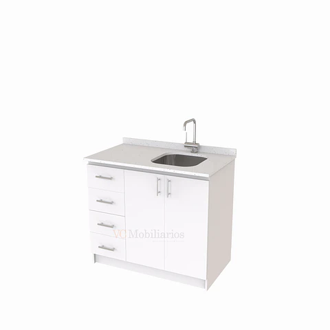 Mueble lavaplatos Simple de 100 cm / Cuarzo blanco galaxys / izquierdo / Blanco