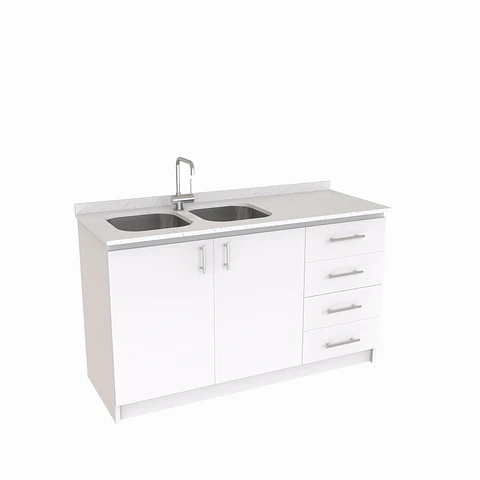 Mueble lavaplatos Doble de 140 cm / Cuarzo blanco galaxys / Derecho / Blanco