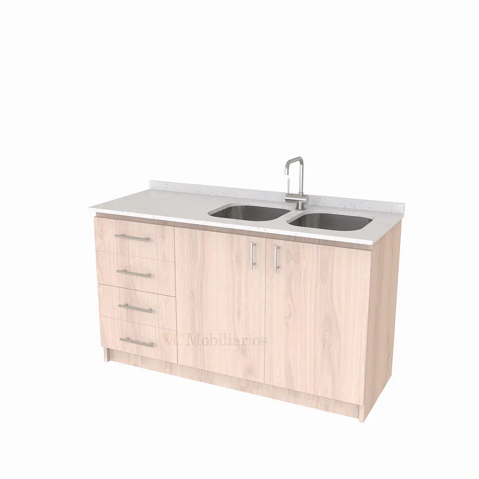Mueble lavaplatos Doble de 140 cm / Cuarzo blanco galaxys / Izquierdo / Nougat 1