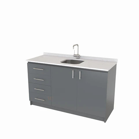 Mueble lavaplatos Simple de 150 cm / Cuarzo blanco galaxys / Centrado / Grafito